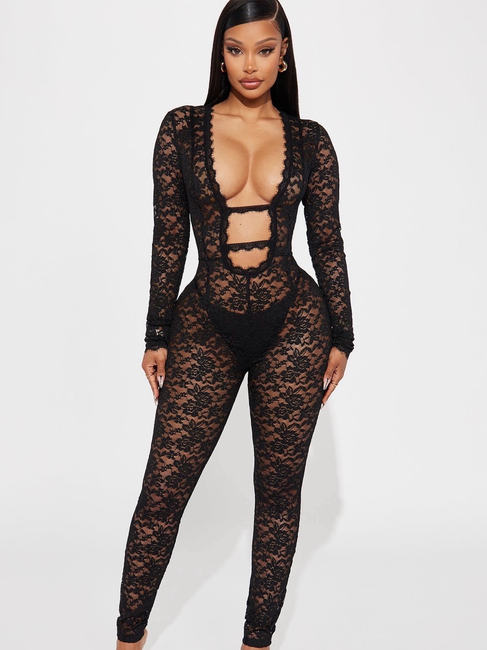 Black Lace Long-Sleeve Sheer Bodysuit Jumpsuit